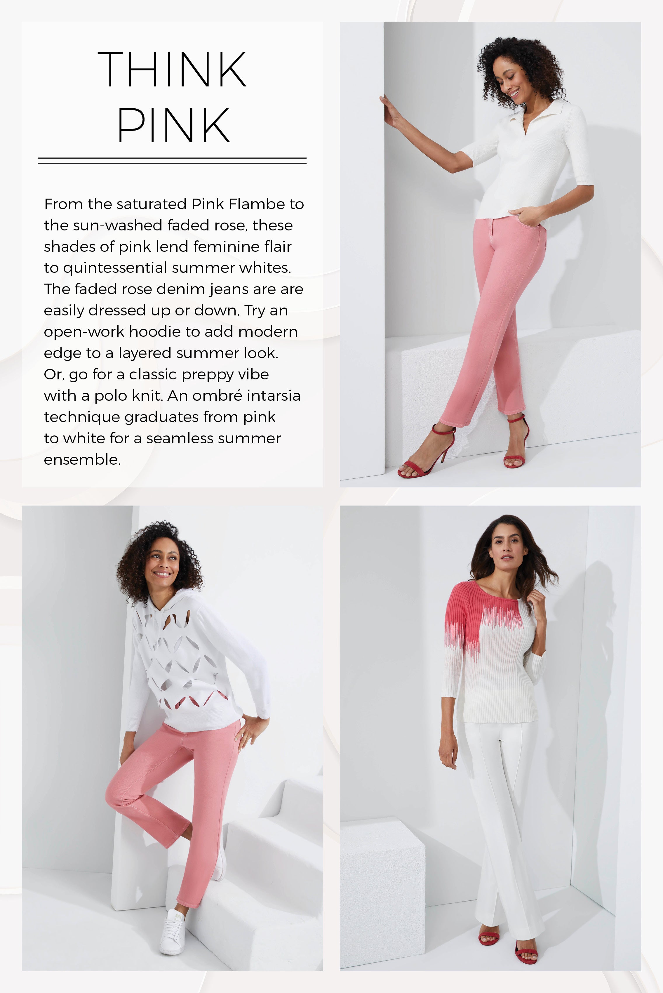 Photo of a model wearing the Trieste pants, a wash-softened pink denim jeans.