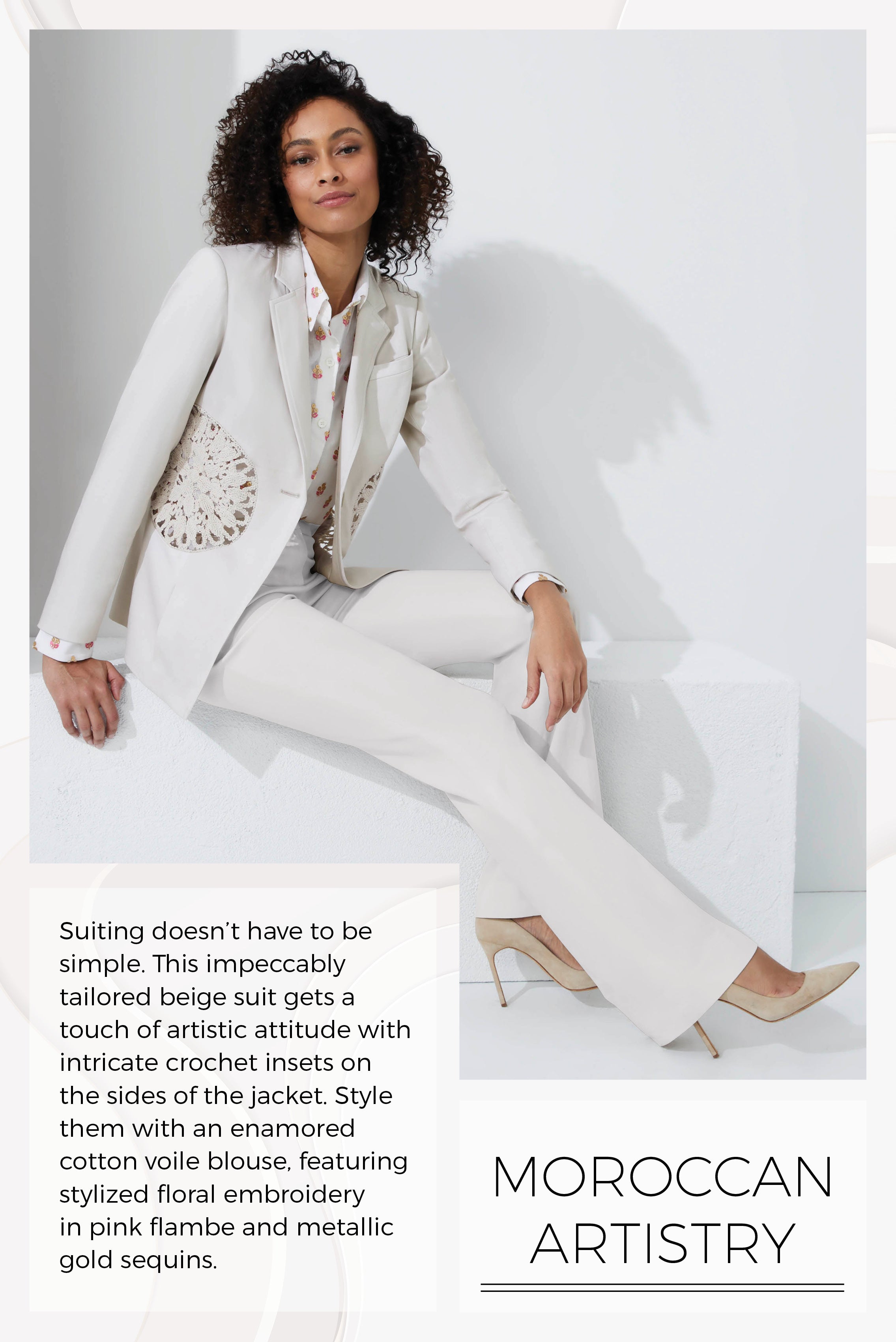 Photo of a model wearing the Sand Dollar jacket and pants, a tailored blazer with open crochet and tailored pants in stretch cotton suiting.