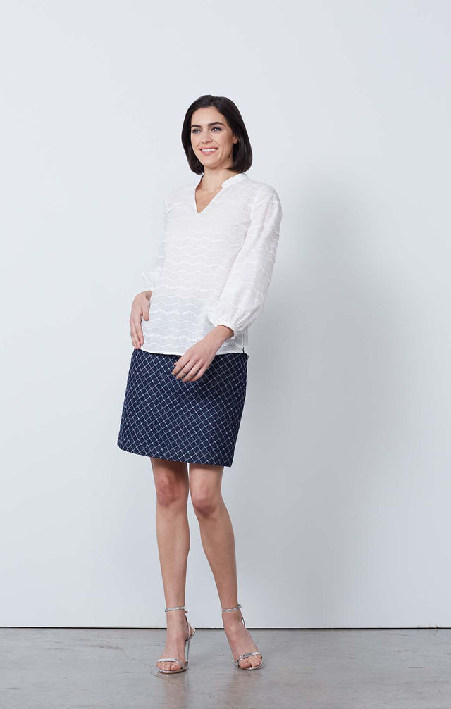 Mainsail - Embroidered Damask Blouse with Marseille Denim Skirt - On Model
