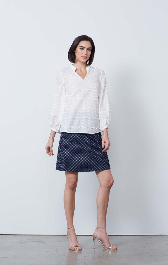 Mainsail - Embroidered Damask Blouse with Marseille Denim Skirt - On Model
