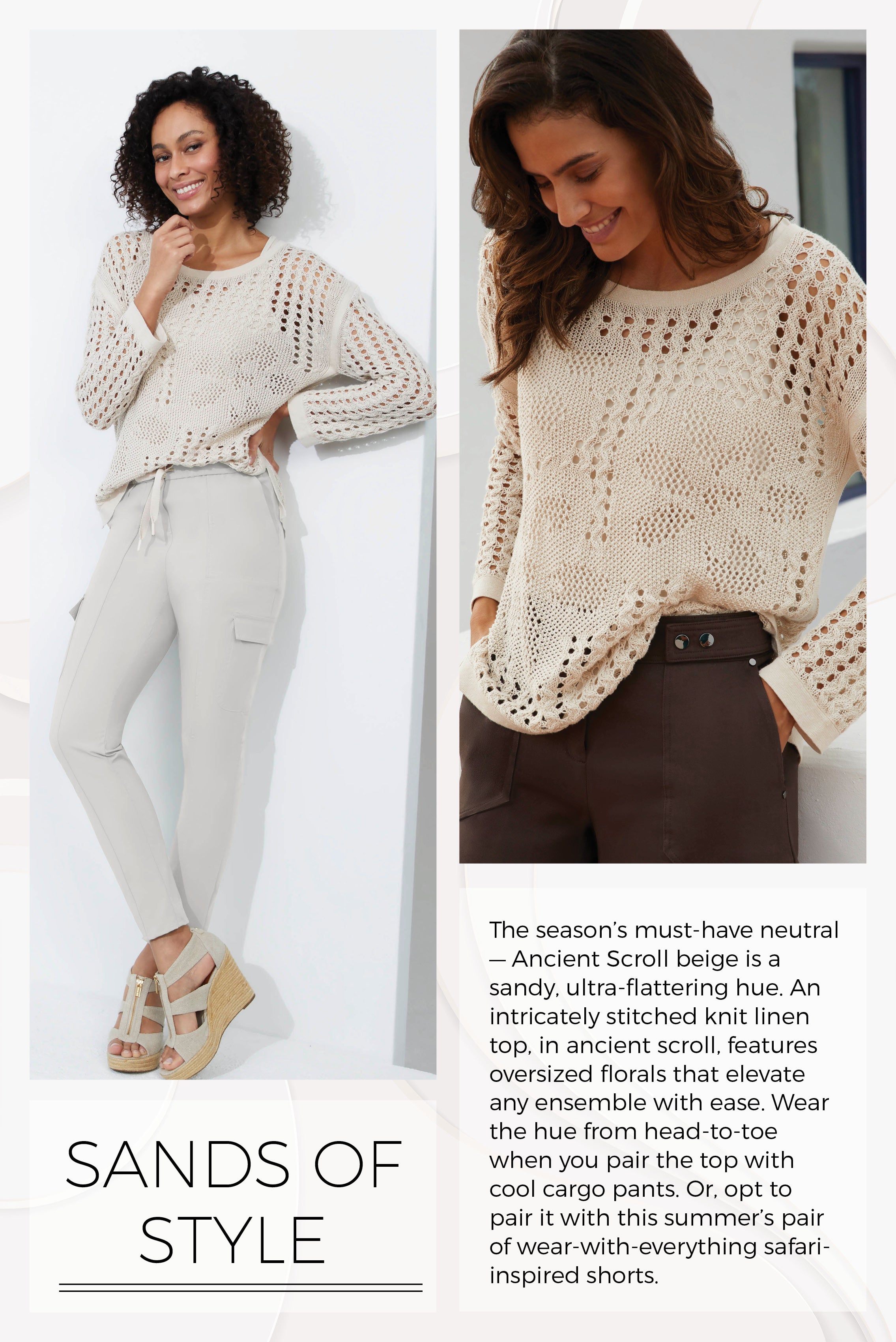 Photo of models wearing the Sea Campion sweater, a pullover linen mesh knit top .