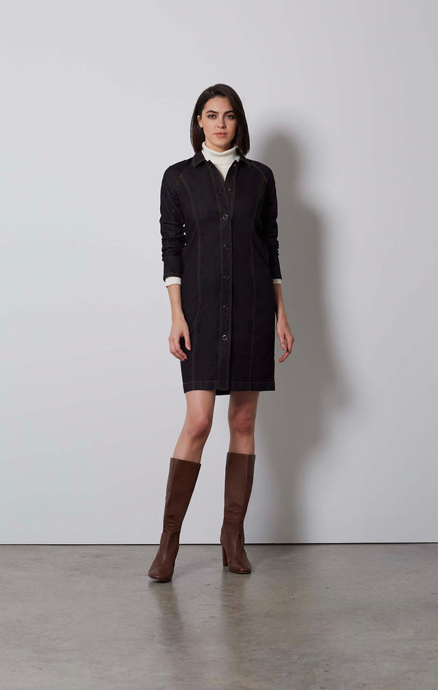 FAMOUS-BLACK DENIM SHIRT DRESS-4-dr-2239-ON MODEL