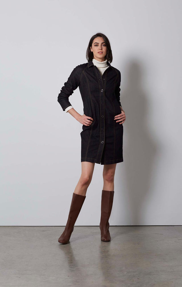 FAMOUS-BLACK DENIM SHIRT DRESS-4-dr-2239-ON MODEL