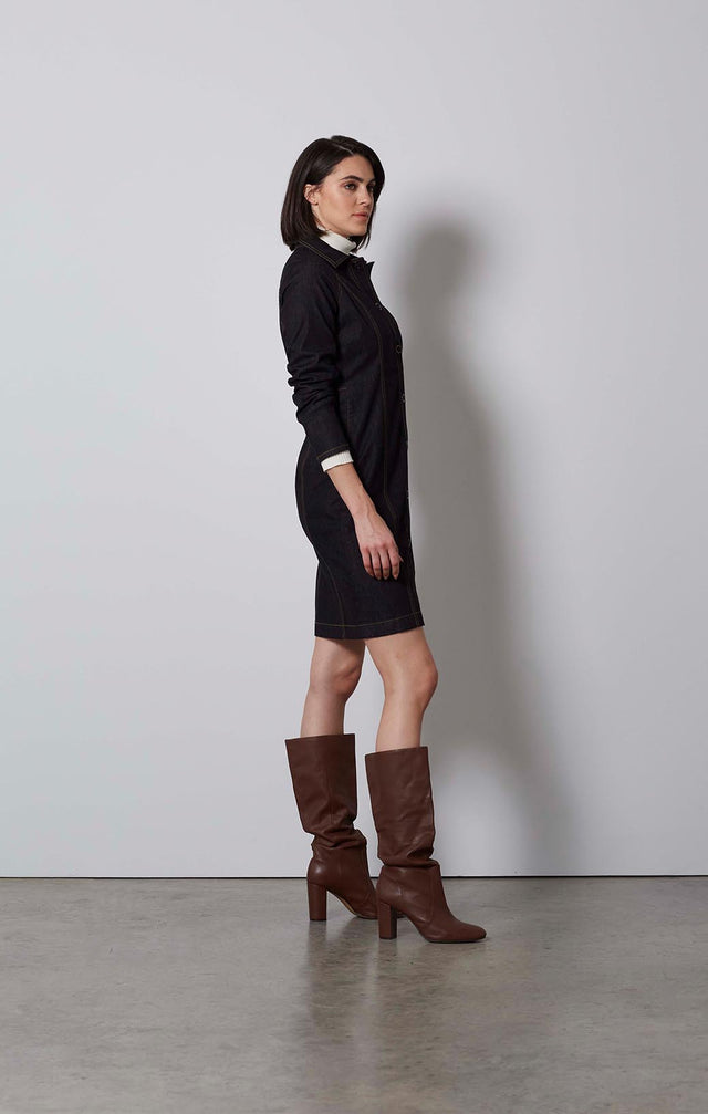 FAMOUS-BLACK DENIM SHIRT DRESS-4-dr-2239-ON MODEL