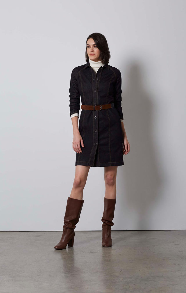 FAMOUS-BLACK DENIM SHIRT DRESS-4-dr-2239-ON MODEL