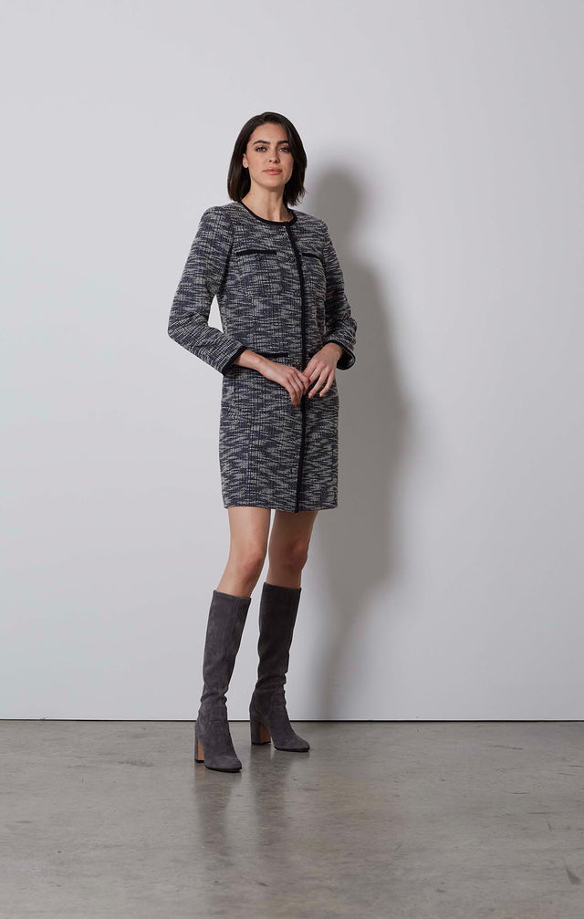 GRIDDED-SNAP-FRONT STRETCH TWEED JACKET/DRESS-4-jk-2123-ON MODEL