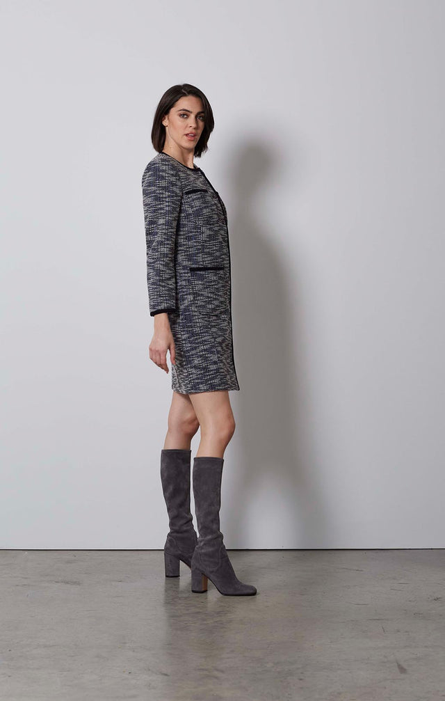 GRIDDED-SNAP-FRONT STRETCH TWEED JACKET/DRESS-4-jk-2123-ON MODEL