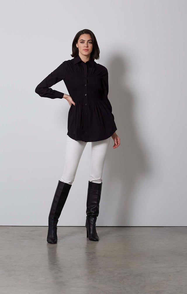HOSTESS-SMOCKED BLACK COTTON SHIRT-2-tp-1847-ON MODEL