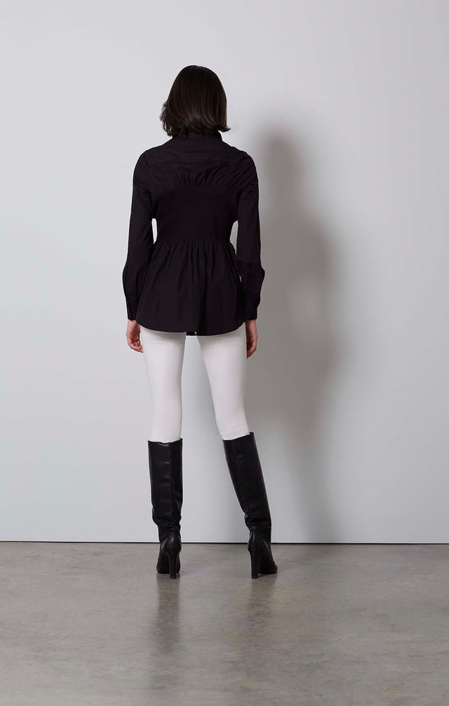 HOSTESS-SMOCKED BLACK COTTON SHIRT-2-tp-1847-ON MODEL