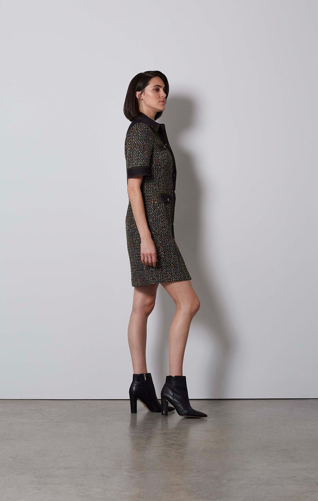 INTERSECTION-DENIM-TRIMMED TWEED DRESS-4-dr-2265-ON MODEL