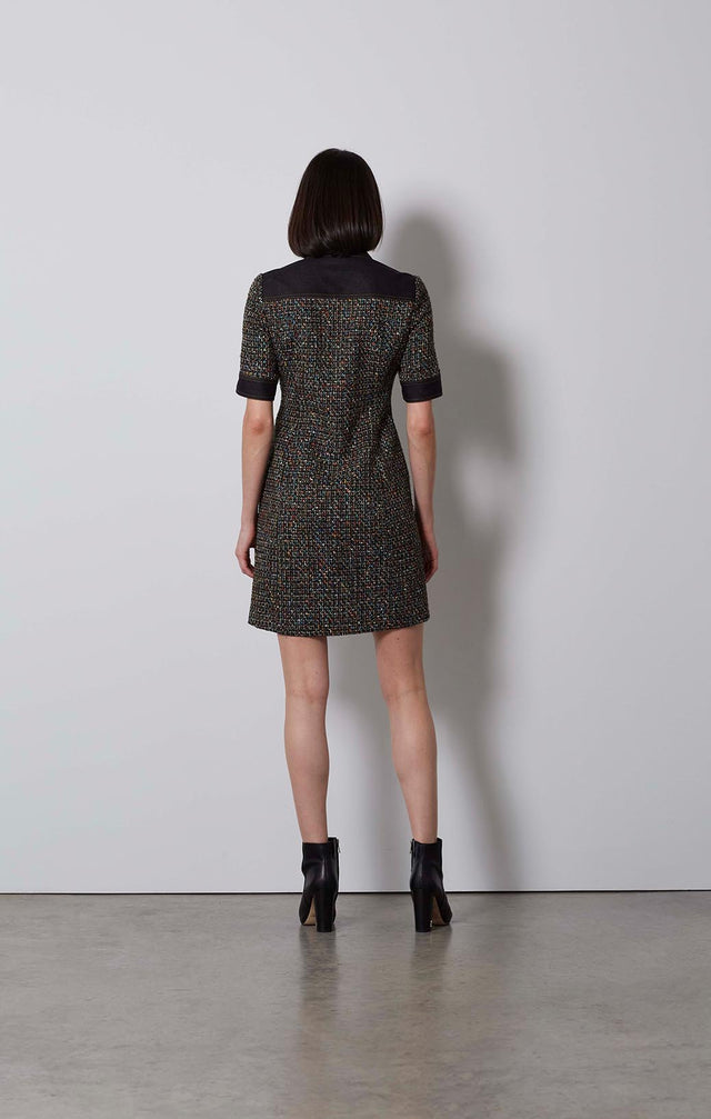 INTERSECTION-DENIM-TRIMMED TWEED DRESS-4-dr-2265-ON MODEL