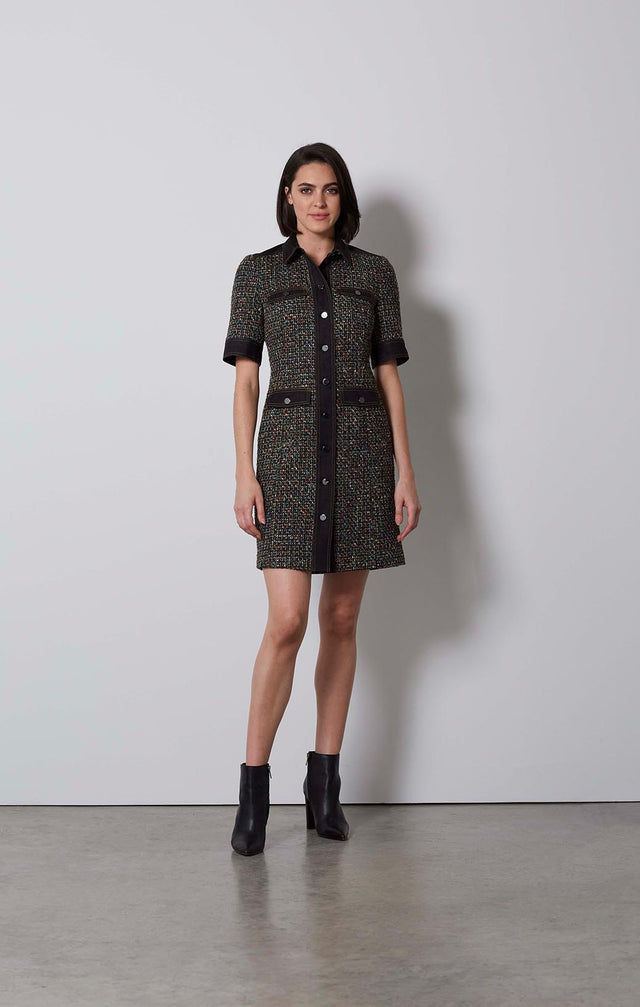 INTERSECTION-DENIM-TRIMMED TWEED DRESS-4-dr-2265-ON MODEL