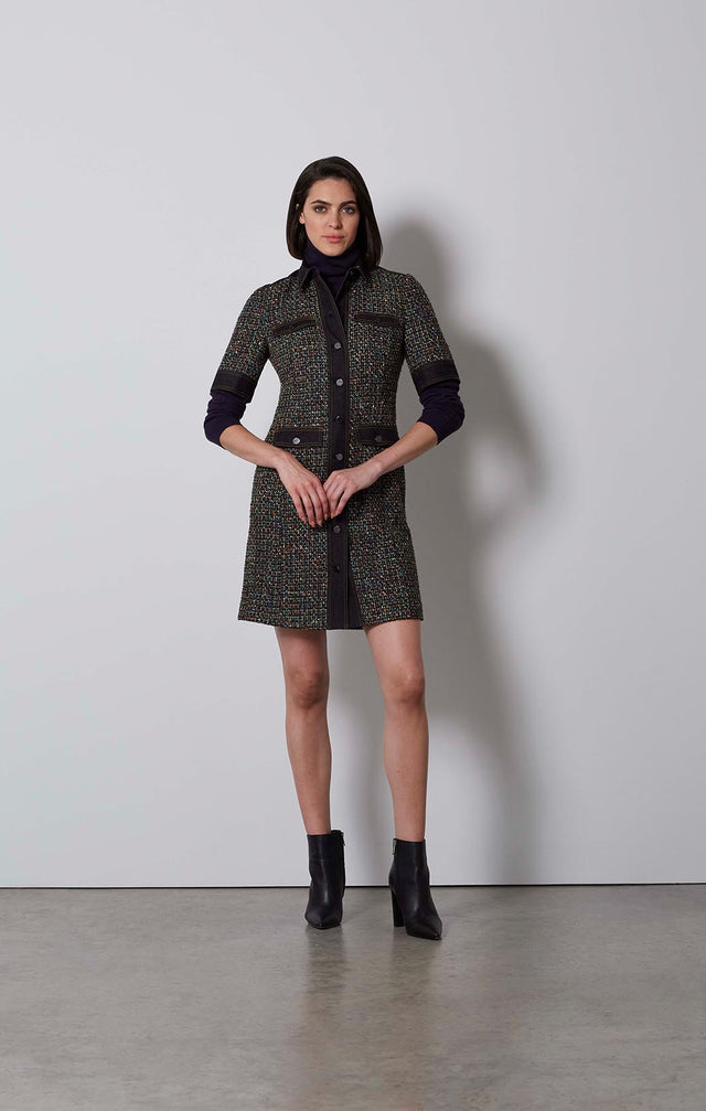 INTERSECTION-DENIM-TRIMMED TWEED DRESS-4-dr-2265-ON MODEL
