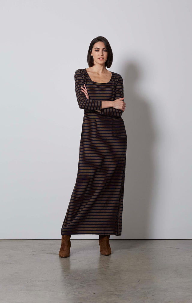 PARALLEL-STRIPED KNIT MAXI DRESS-4-dr-2126-ON MODEL