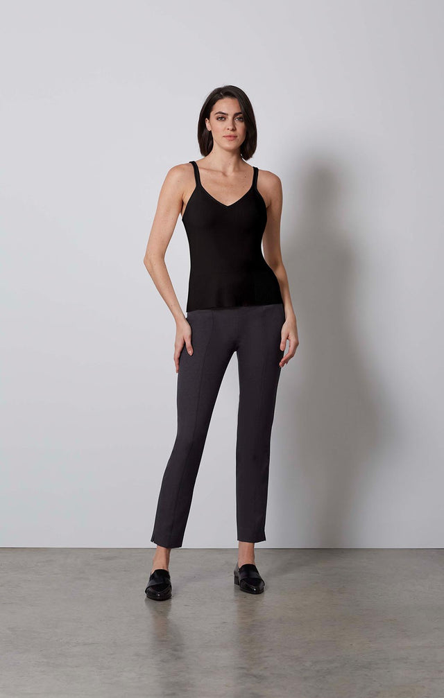 STRIATED-RIBBED BLACK SILK CAMI-2-kn-2173-ON MODEL