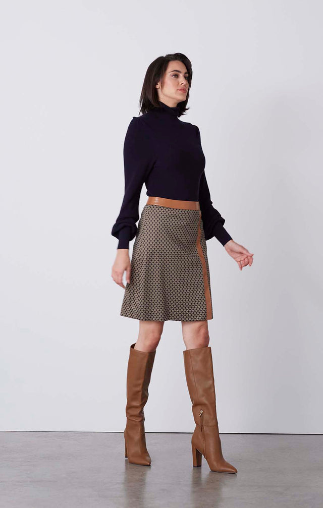 Lattice - Faux-Leather Trimmed Ponte Jacquard Skirt - On Model