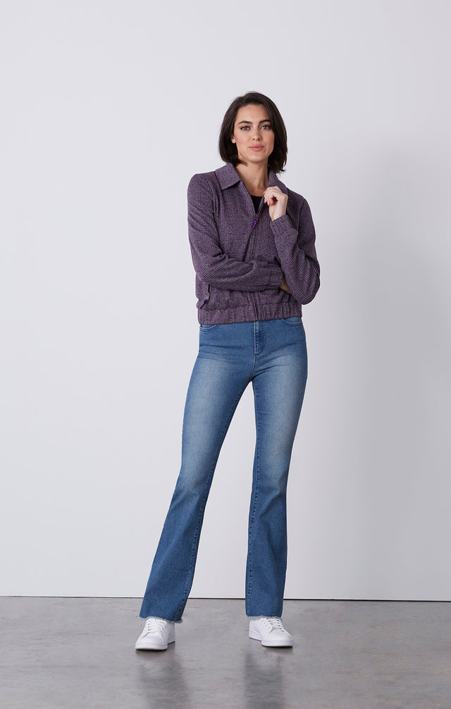 Plum Tart - Zip Bomber Jacket In Plaid Ponte Knit Jacquard - On Model