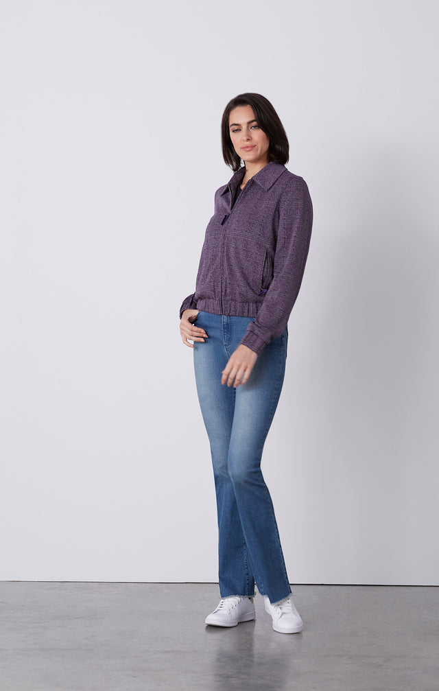 Plum Tart - Zip Bomber Jacket In Plaid Ponte Knit Jacquard - On Model