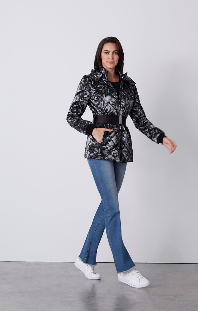 Lake Placid - Printed Diamond-Quilted Taffeta Hoodie With Belt - On Model
