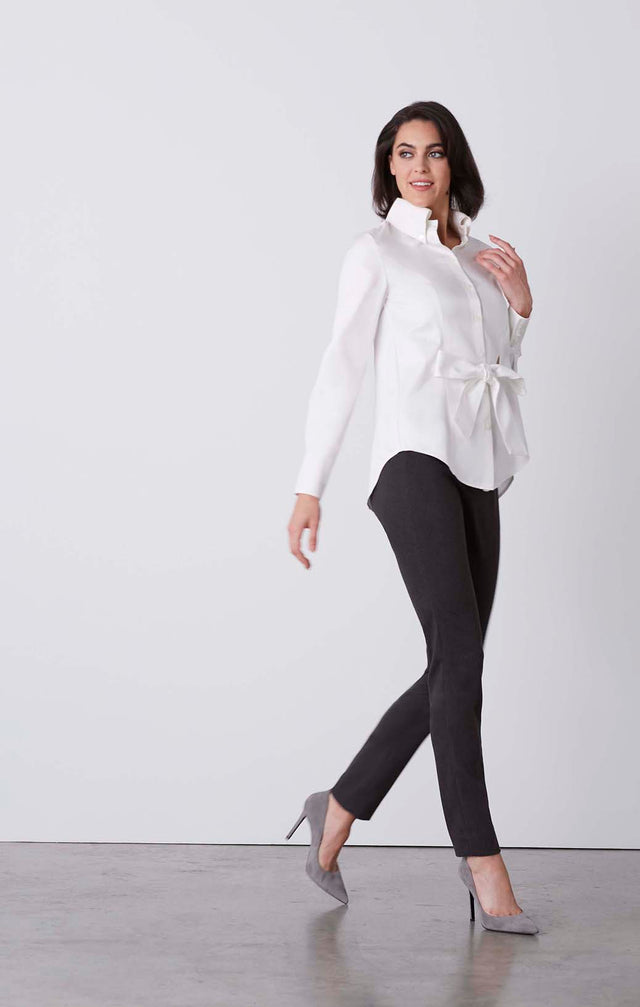 Copa - Silk-Enriched White Satin Blouse & Tie - On Model