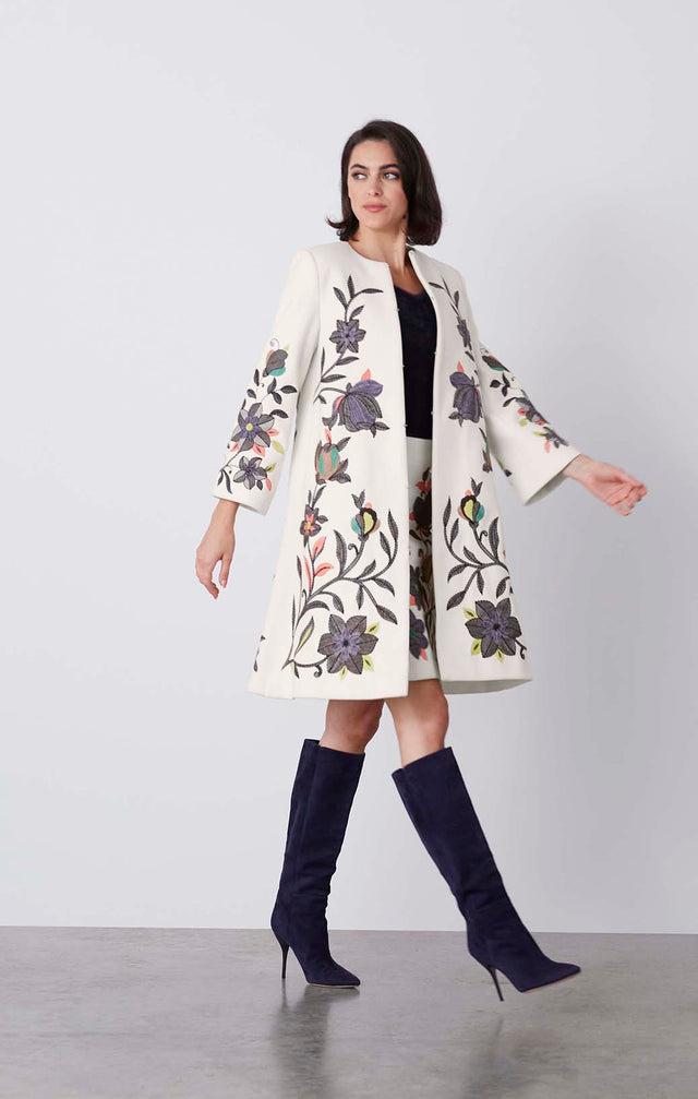 Folkloric - Flower-Embroidered Evening Coat - On Model