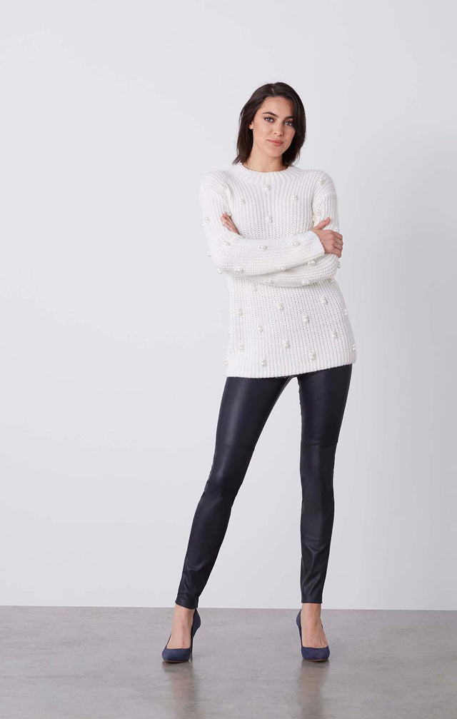 Buttercream - Pearl-Trimmed Mock Turtleneck Sweater - On Model