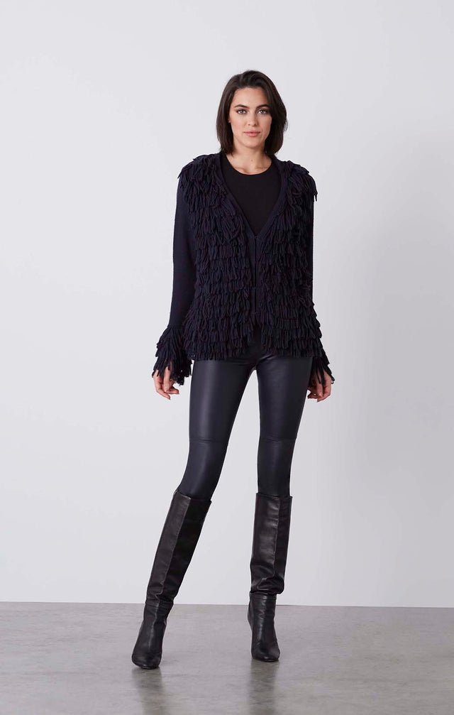 Valkyrie - Fringed Navy Cardigan Sweater - On Model