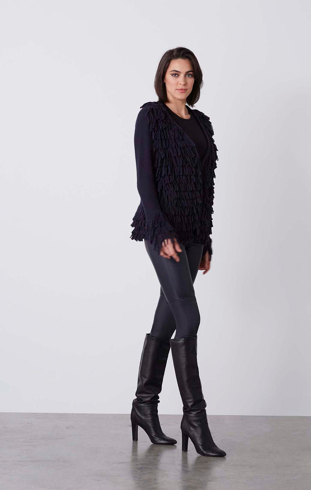 Valkyrie - Fringed Navy Cardigan Sweater - On Model