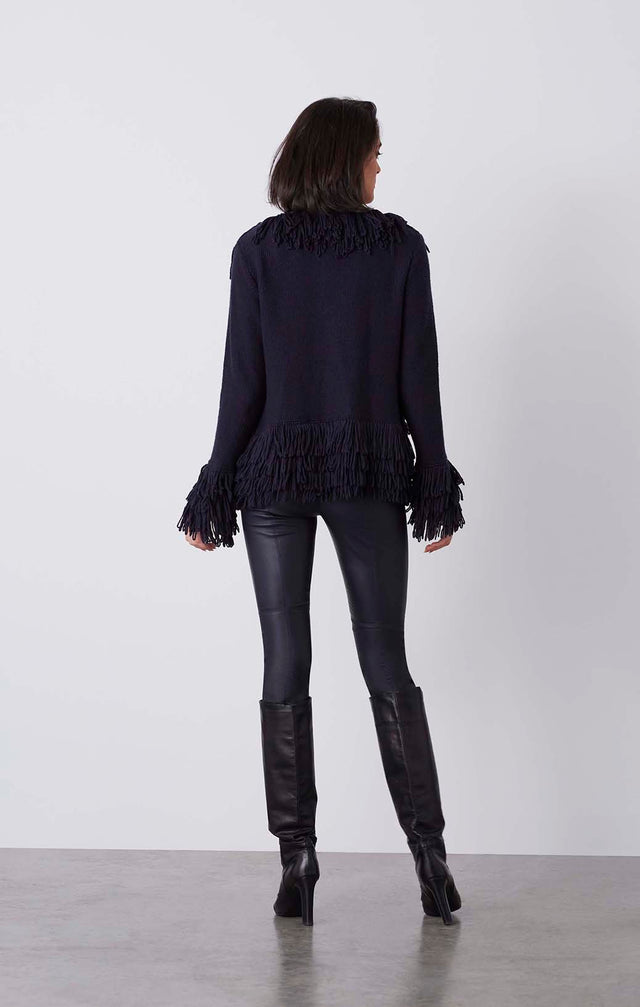 Valkyrie - Fringed Navy Cardigan Sweater - On Model