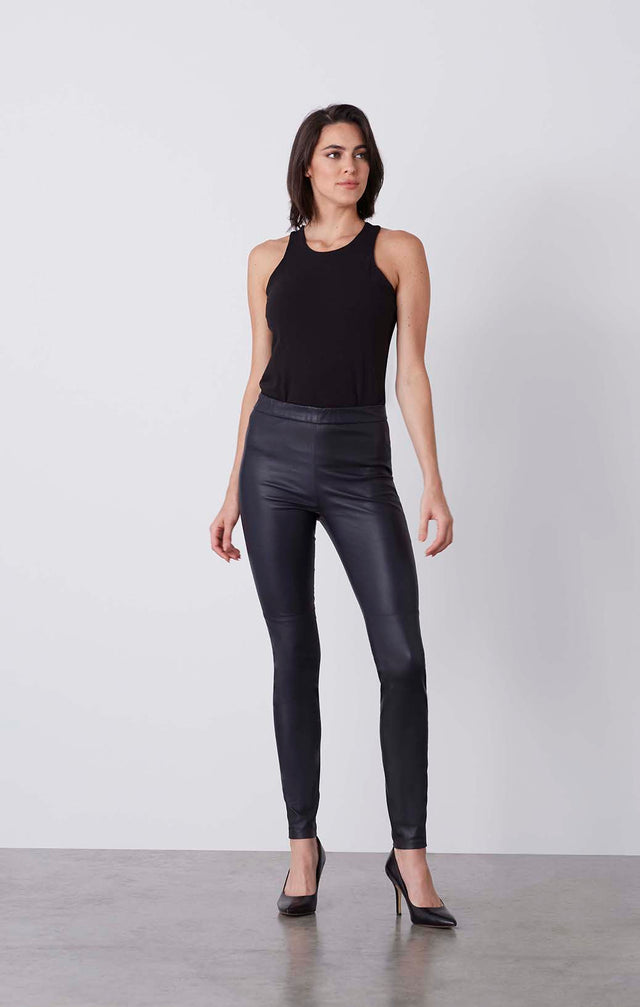 Glam-Nvy - Navy Leather Pull-On Leggings - On Model