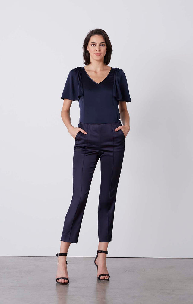 Iced - Rhinestone-Trimmed Navy Satin Pants - On Model