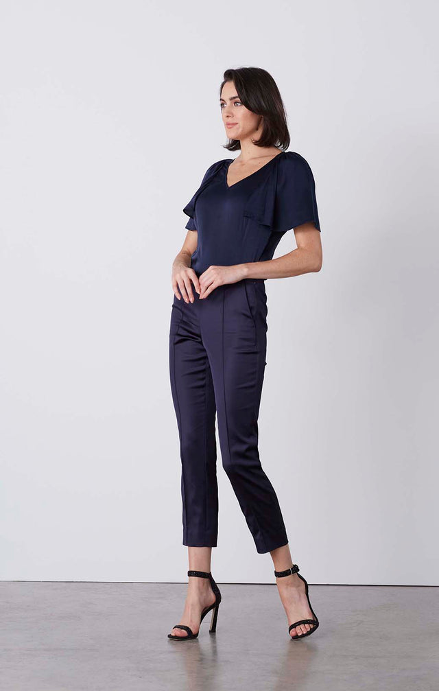 Iced - Rhinestone-Trimmed Navy Satin Pants - On Model