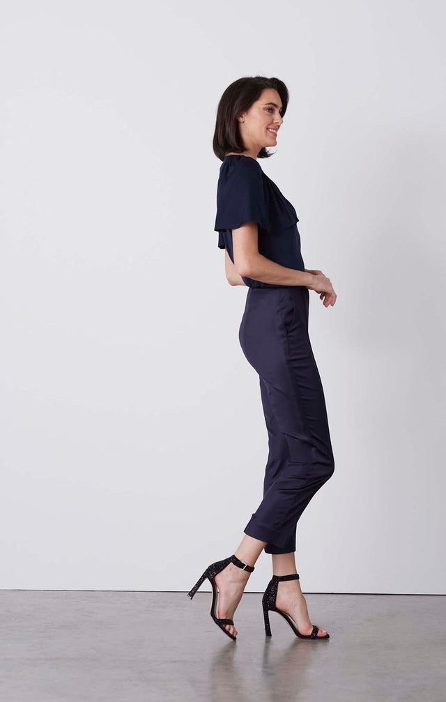 Iced - Rhinestone-Trimmed Navy Satin Pants - On Model