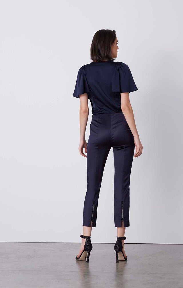 Iced - Rhinestone-Trimmed Navy Satin Pants - On Model