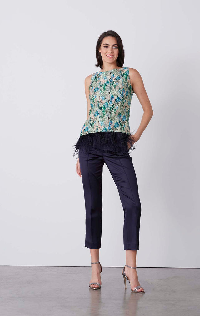 Saga - Ostrich-Trimmed Stretch Jacquard Top - On Model