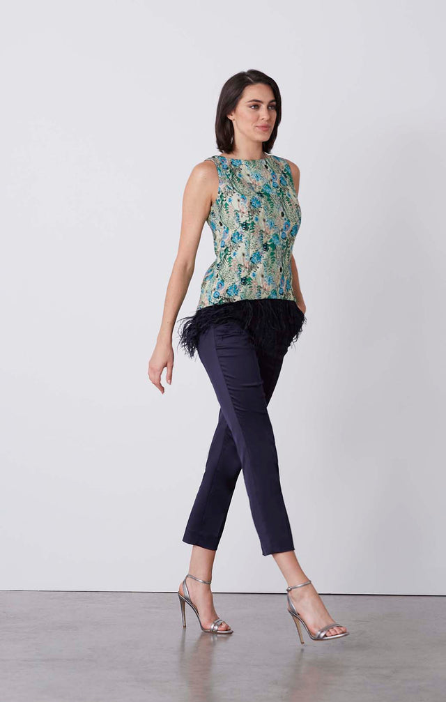 Saga - Ostrich-Trimmed Stretch Jacquard Top - On Model