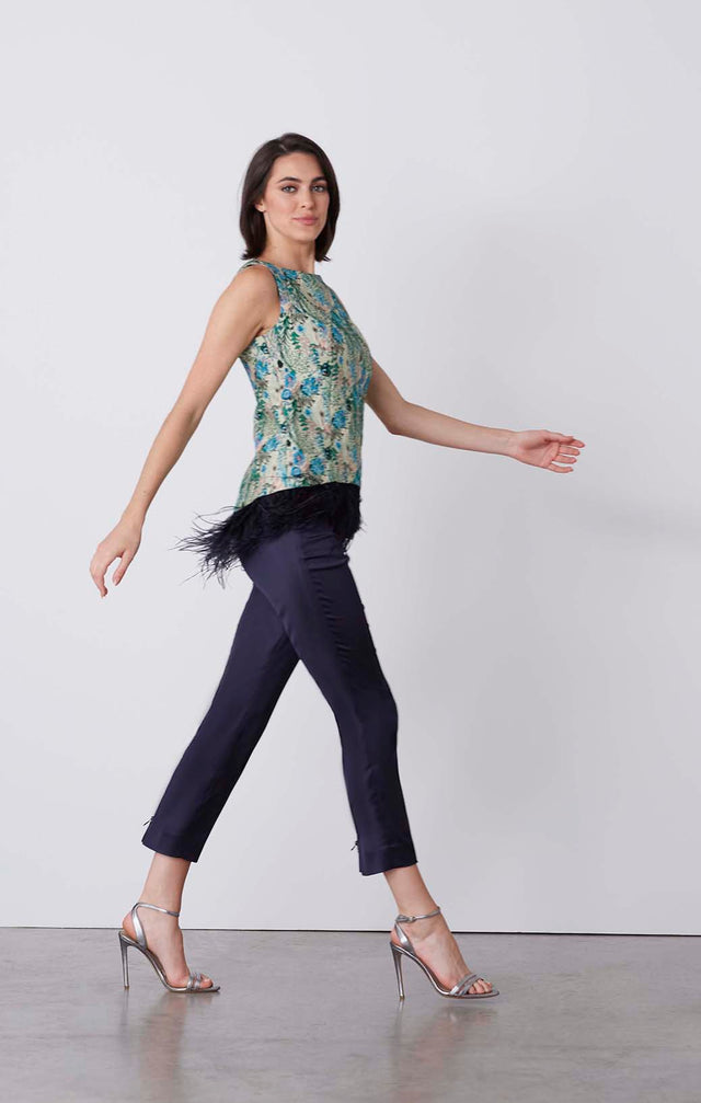 Saga - Ostrich-Trimmed Stretch Jacquard Top - On Model
