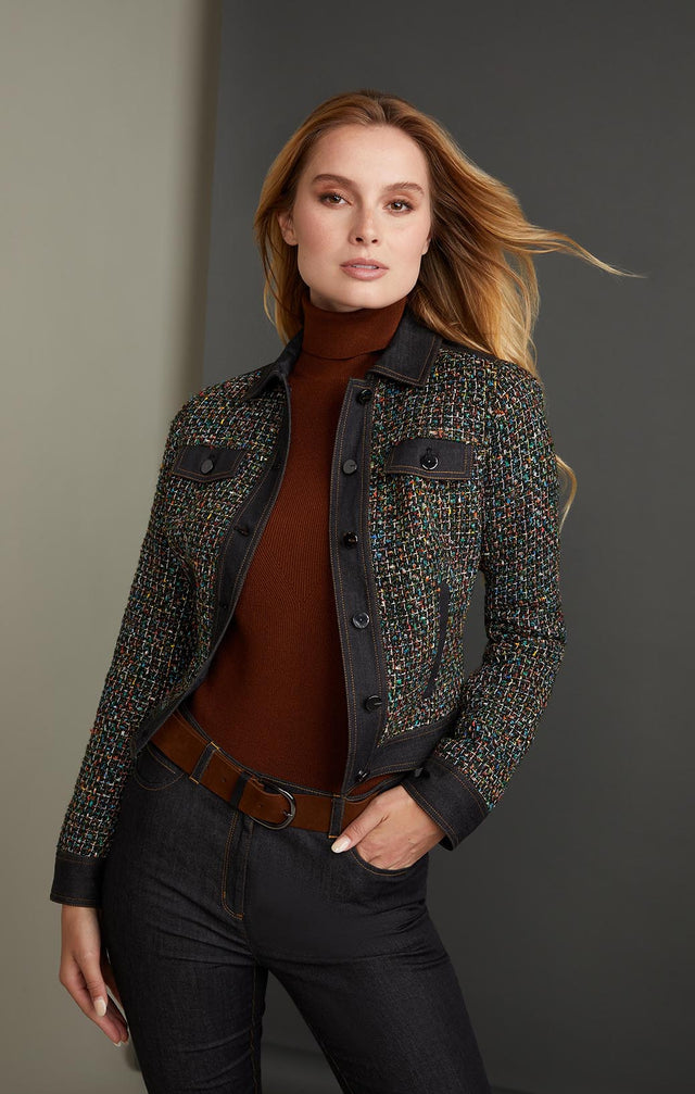 INTERSECTION-DENIM-TRIMMED TWEED JEAN JACKET-4-jk-2105-ON MODEL