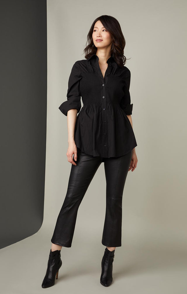 HOSTESS-SMOCKED BLACK COTTON SHIRT-2-tp-1847-ON MODEL