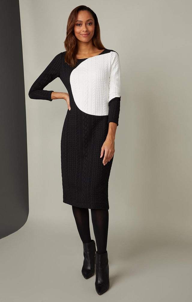 NIGHTHAWK-DRESS IN COLORBLOCK PONTE  -2-dr-2144-ON MODEL