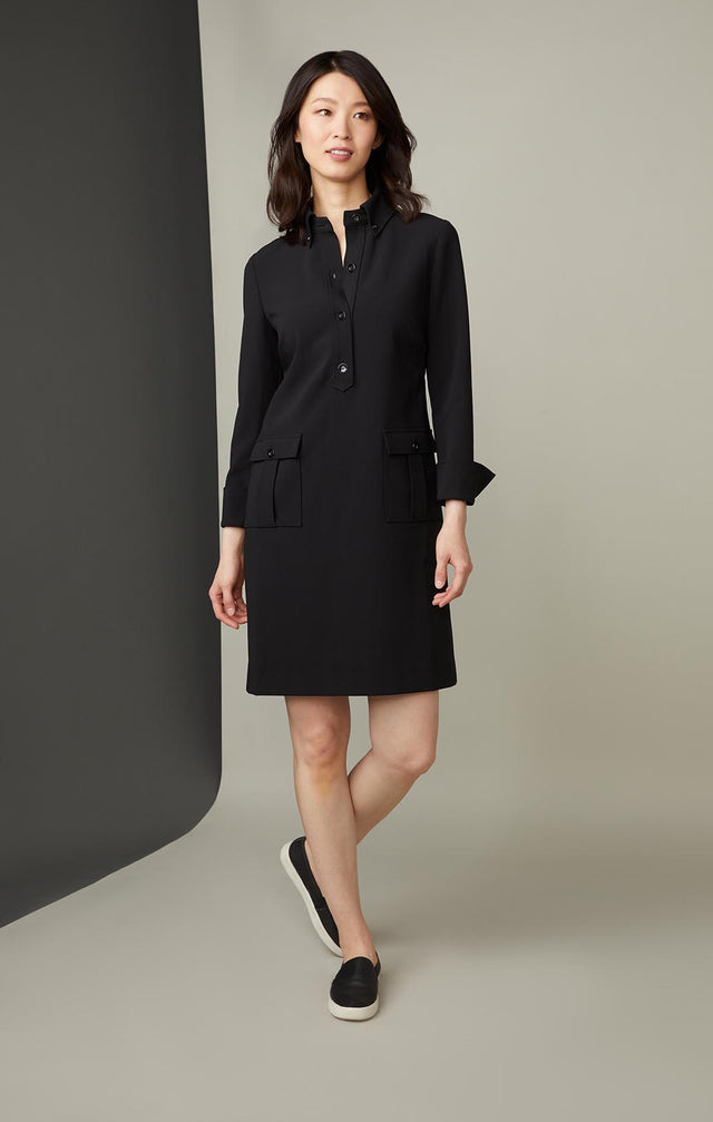 DELPHIAN-BLACK CRÊPE UTILITY DRESS-2-dr-2252-ON MODEL