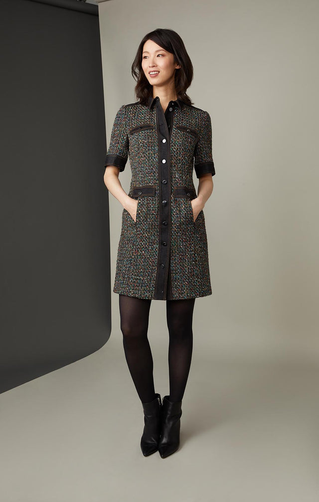 INTERSECTION-DENIM-TRIMMED TWEED DRESS-4-dr-2265-ON MODEL