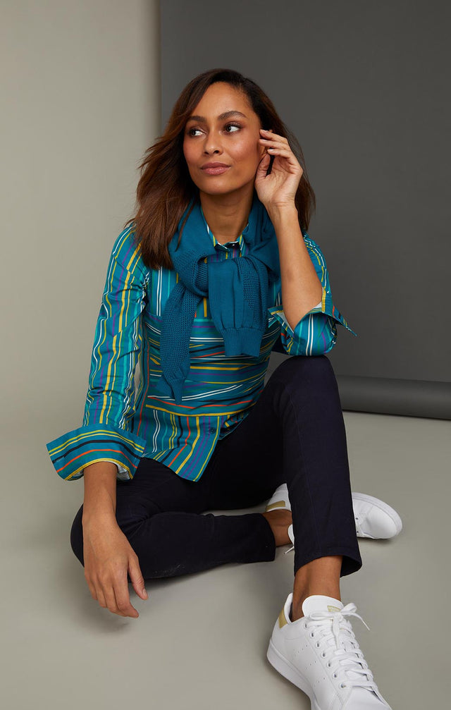 ALIGNED-STRIPED BLOUSE WITH PLEATED BUSTIER-2-tp-2261-ON MODEL