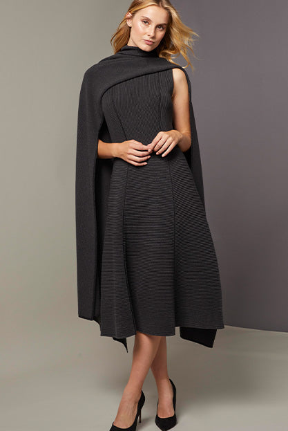 Lookbook photo of model wearing Silvery dress and Silvery poncho scarf.