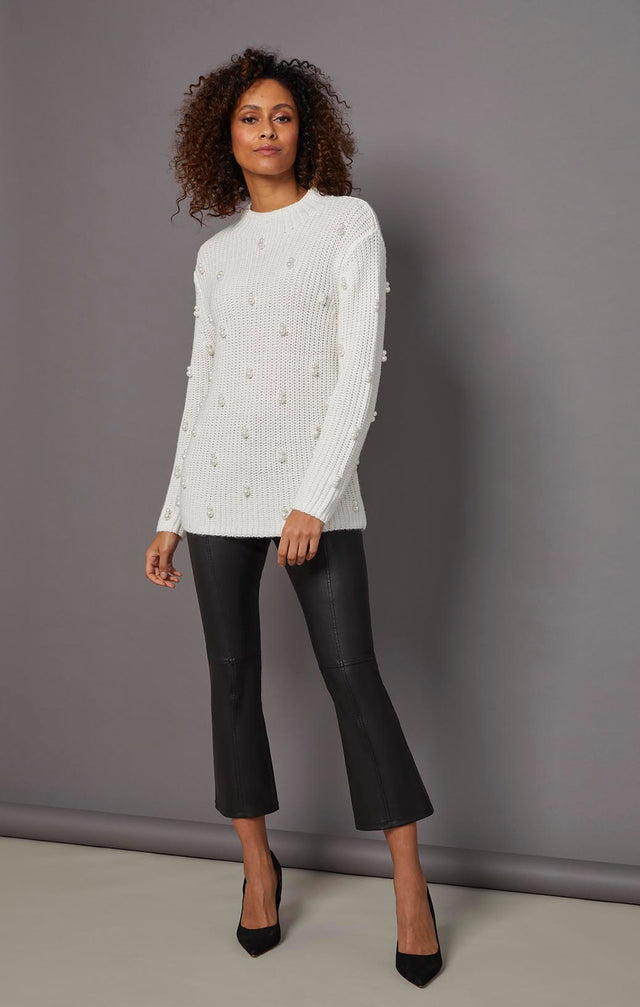 Buttercream - Pearl-Trimmed Mock Turtleneck Sweater - On Model