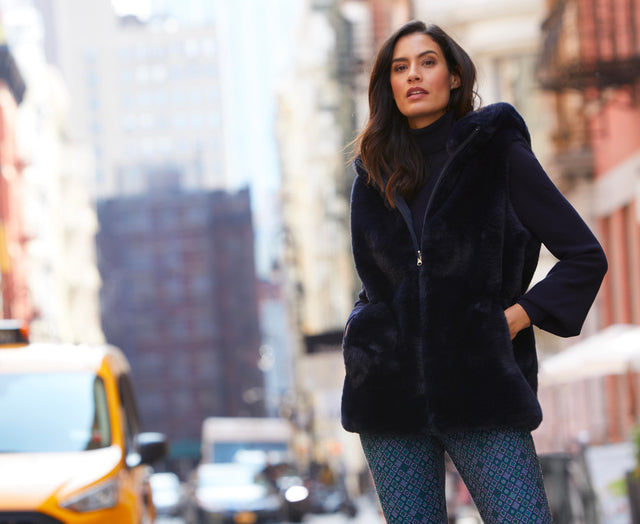 Shop The Fall Collection - Look Featuring the OTTER Vest, MARQUISE Navy Sweater, QUATREFOIL Pants