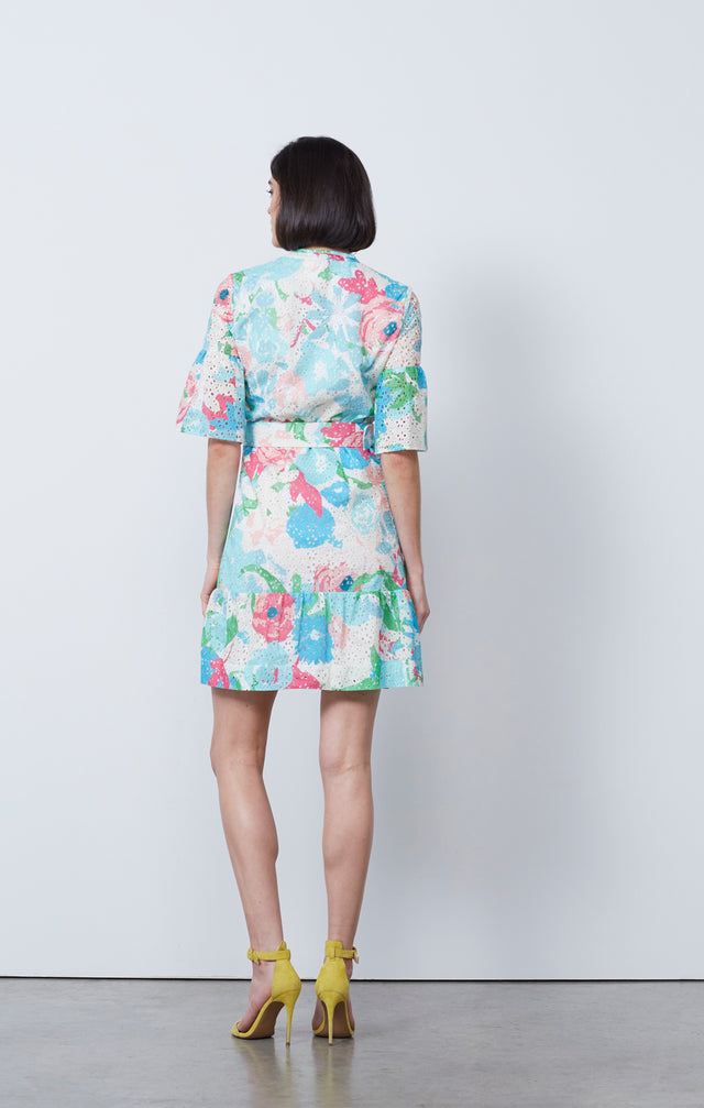 Ecom photo of model wearing the floral print Al Fresco flare dress.