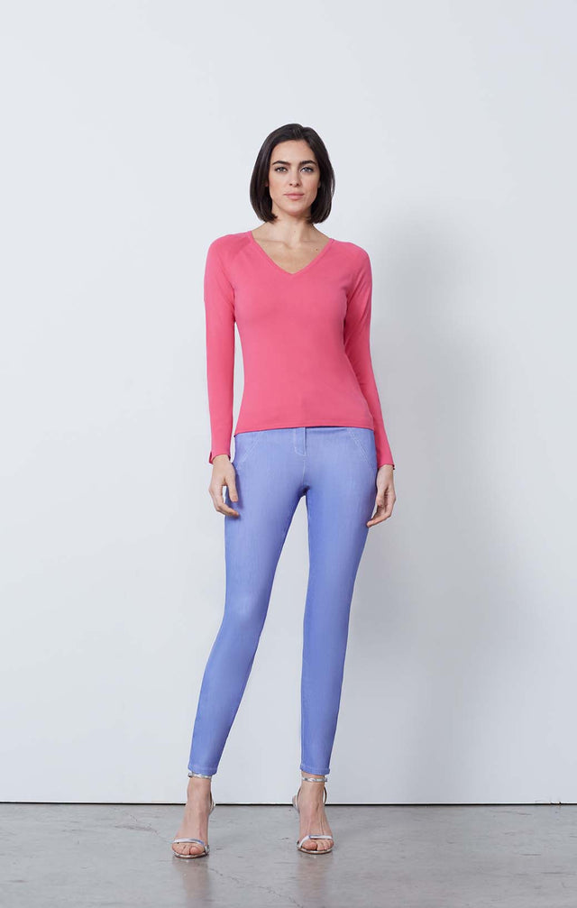Dianthus Pink Pullover Keyhole Sweater - On Model