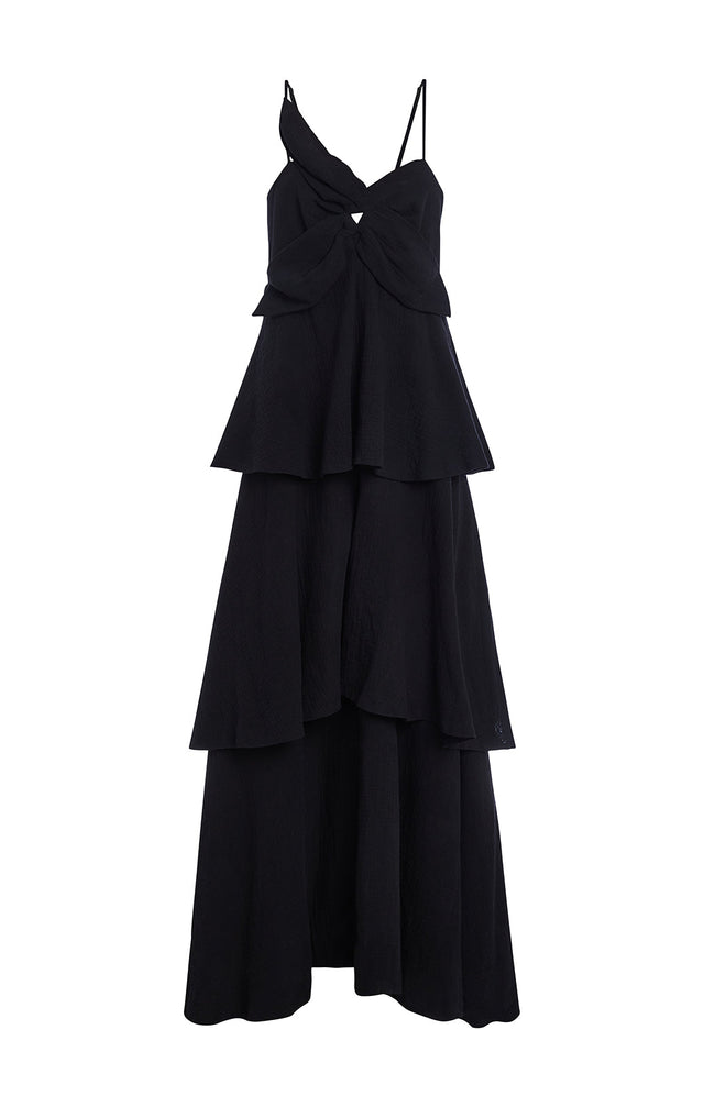Black Lotus - Black Gauze Maxi Dress With Floral Appliqué - Product Image