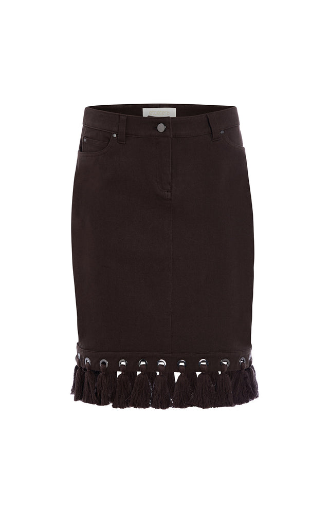 Berber - Stretch Twill Jeans Skirt With Moroccan Tassels - Product Image